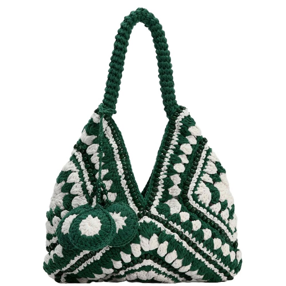 Zara Green Ivory Crochet Beaded Bucket Bag